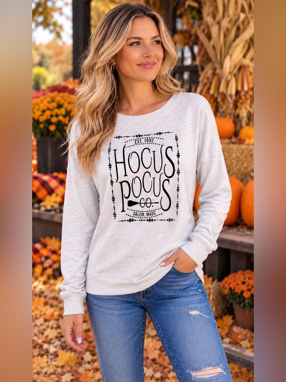 Marled Light Gray Hocus Pocus Graphic Sweatshirt Prefect for Halloween 🎃